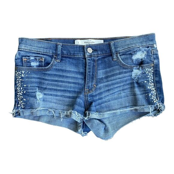 Abercrombie & Fitch Denim Rhinestone Shorts Size 4 Pockets Studs Raw Hems EUC - Picture 1 of 5